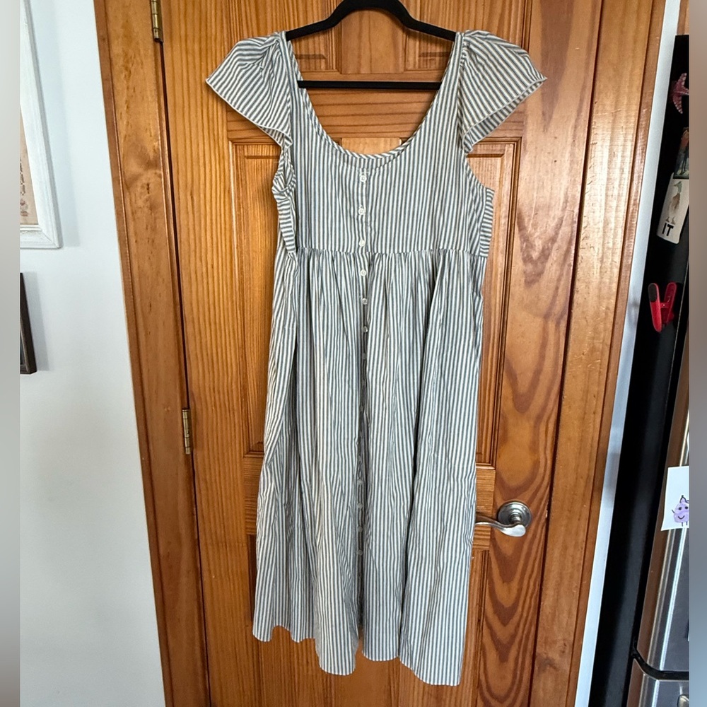 THE GREAT. Grey and White Striped Midi Dress
